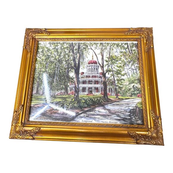 Gold Frame Longwood Mansion Art Print Southern Architectural Masterpiece Signed - Picture 2 of 14